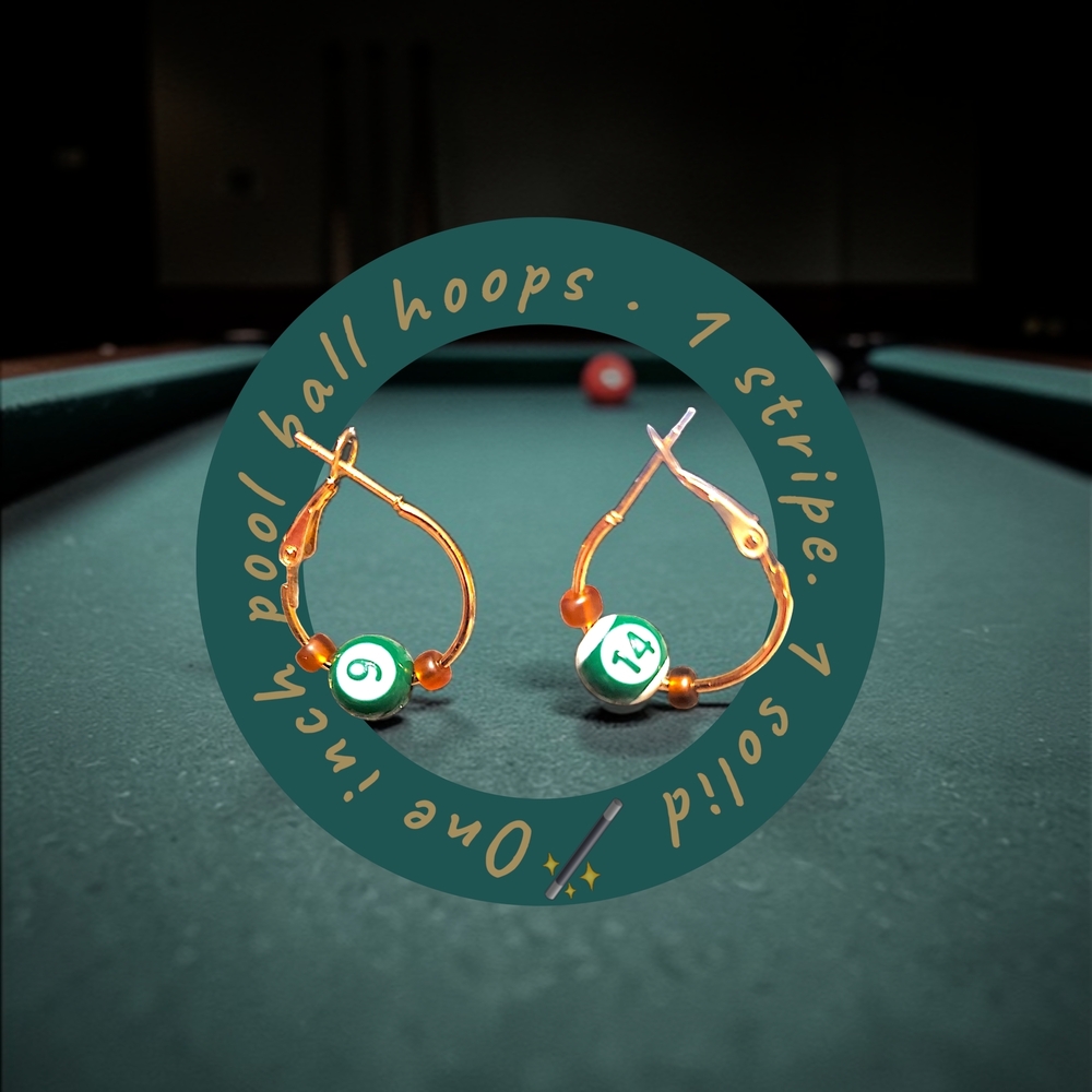 Gold and Green Pool Ball 1 Inch Hoop Earrings